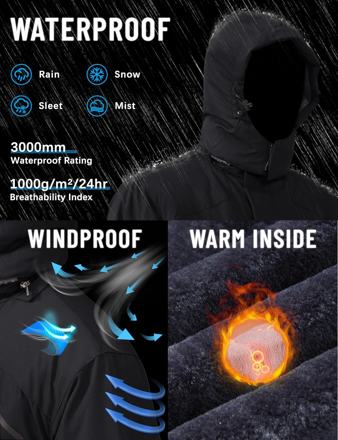 Men'S Winter Skiing Jackets Waterproof Fleece Coats Insulated Thermal Snowboard Jacket Parka Raincoat with Hood