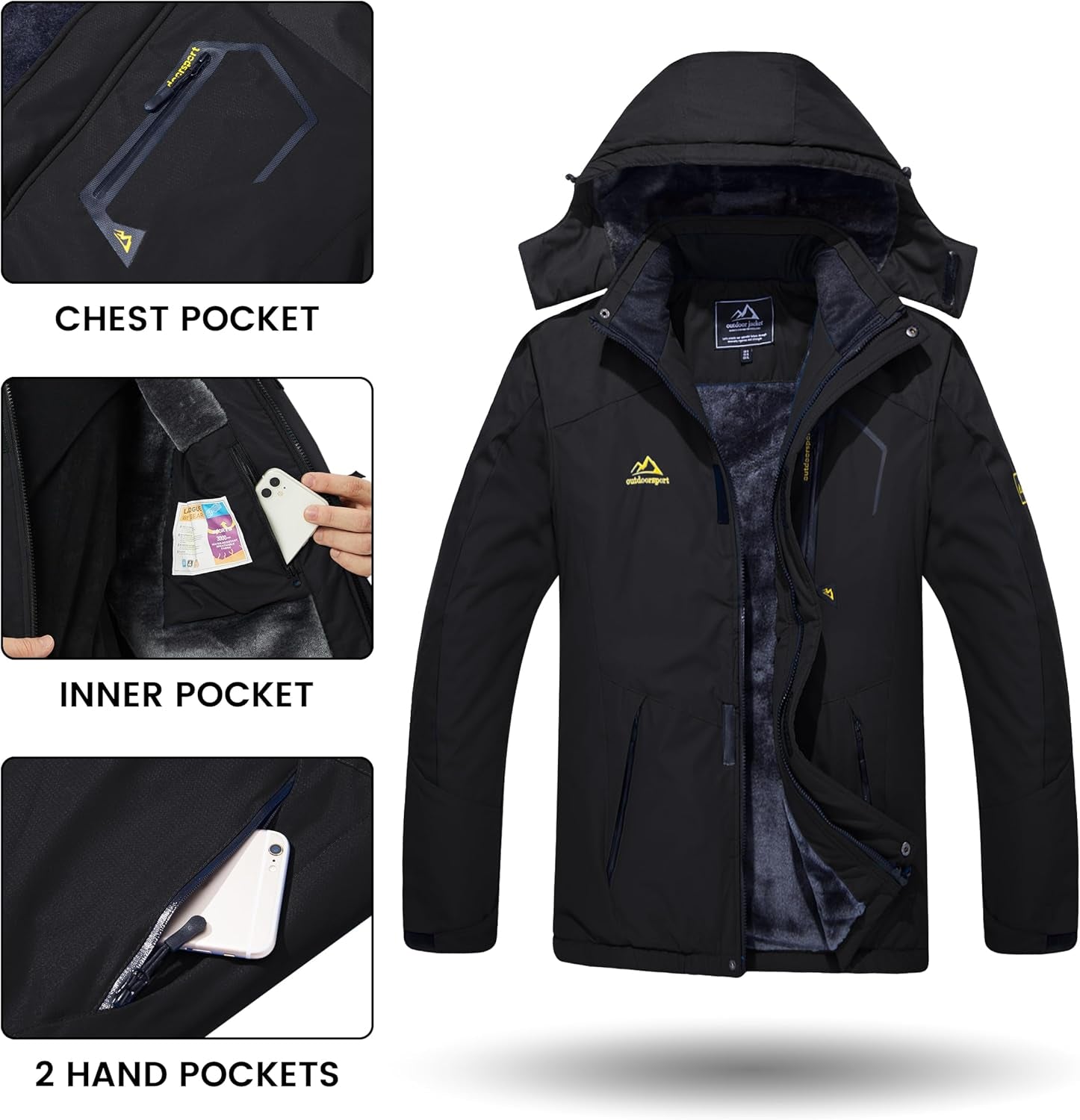 Men'S Winter Skiing Jackets Waterproof Fleece Coats Insulated Thermal Snowboard Jacket Parka Raincoat with Hood